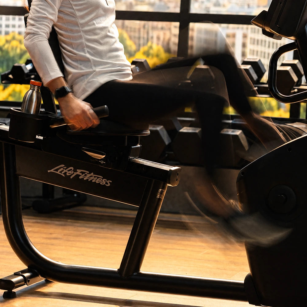 Rider on the Atmos recumbent bike