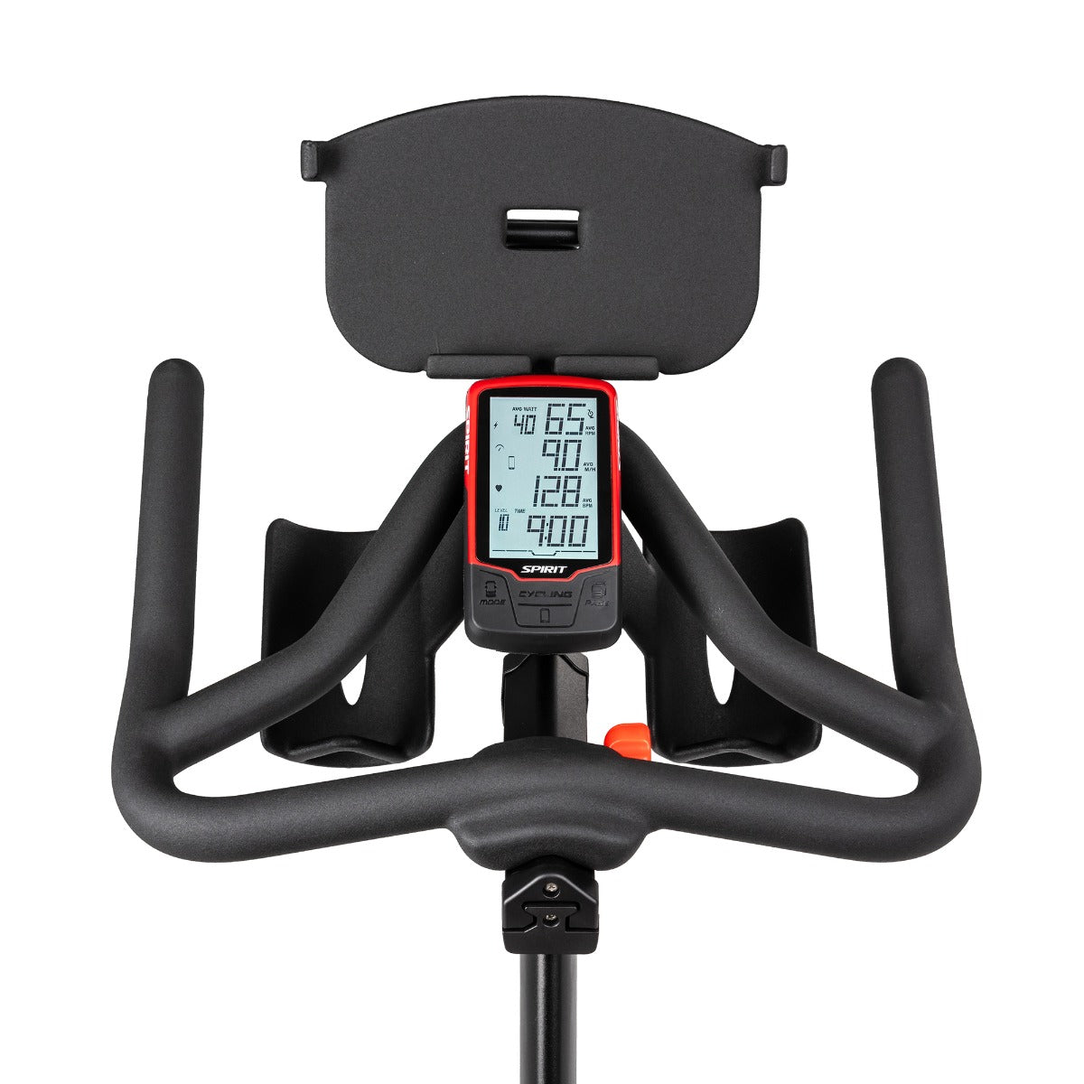 Wireless backlit LCD console with tablet holder and multi-position handlebars