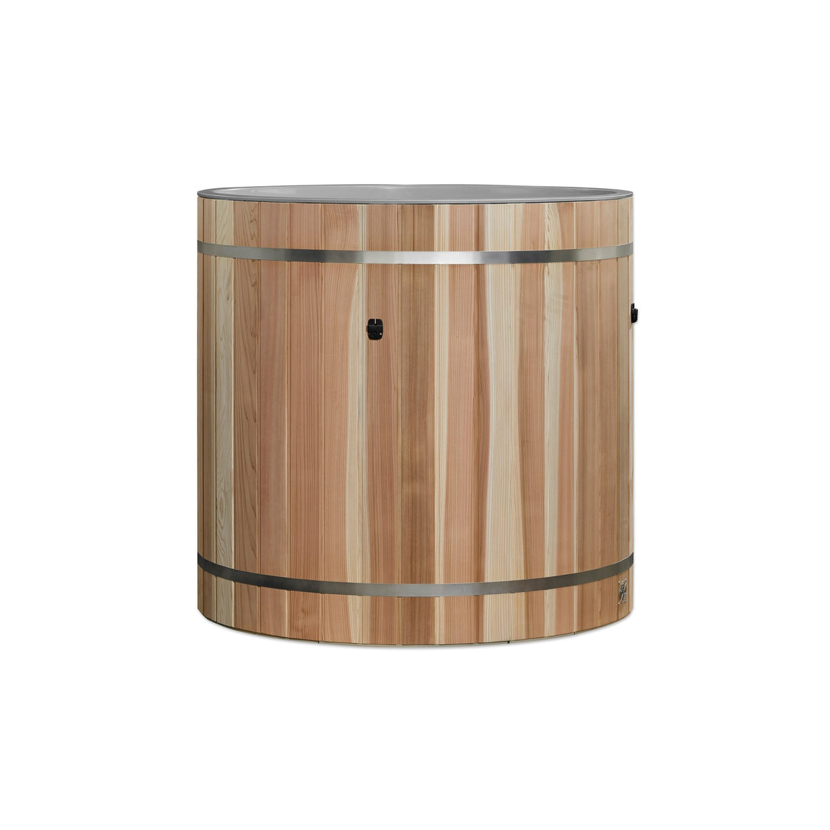 Dynamic Cold Therapy Barrel Cold Plunge Tub with PVC Interior, light grey interior, front view