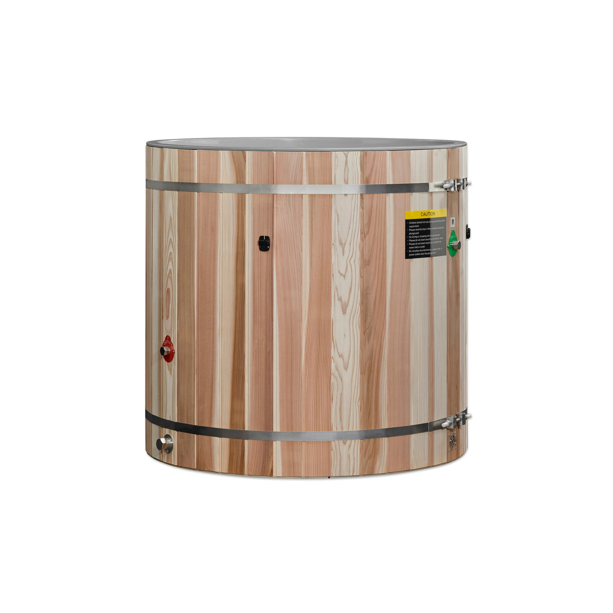 Dynamic Cold Therapy Barrel Cold Plunge Tub with PVC Interior, light grey interior, side view with inlet, outlet and drain