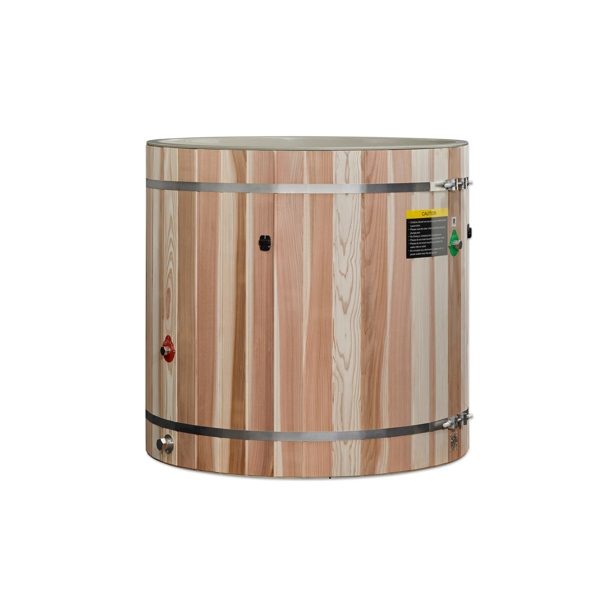 Dynamic Cold Therapy Barrel Cold Plunge Tub with PVC Interior, green interior, side view with inlet, outlet and drain