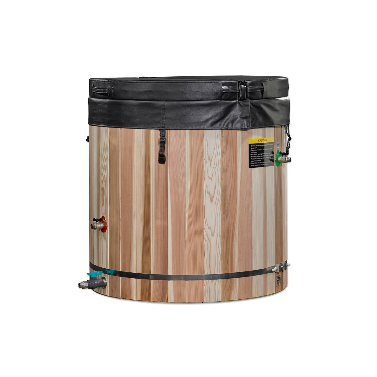 Dynamic Cold Therapy Barrel Cold Plunge Tub with 304 Stainless Steel Interior, with the cover on and valves fitted