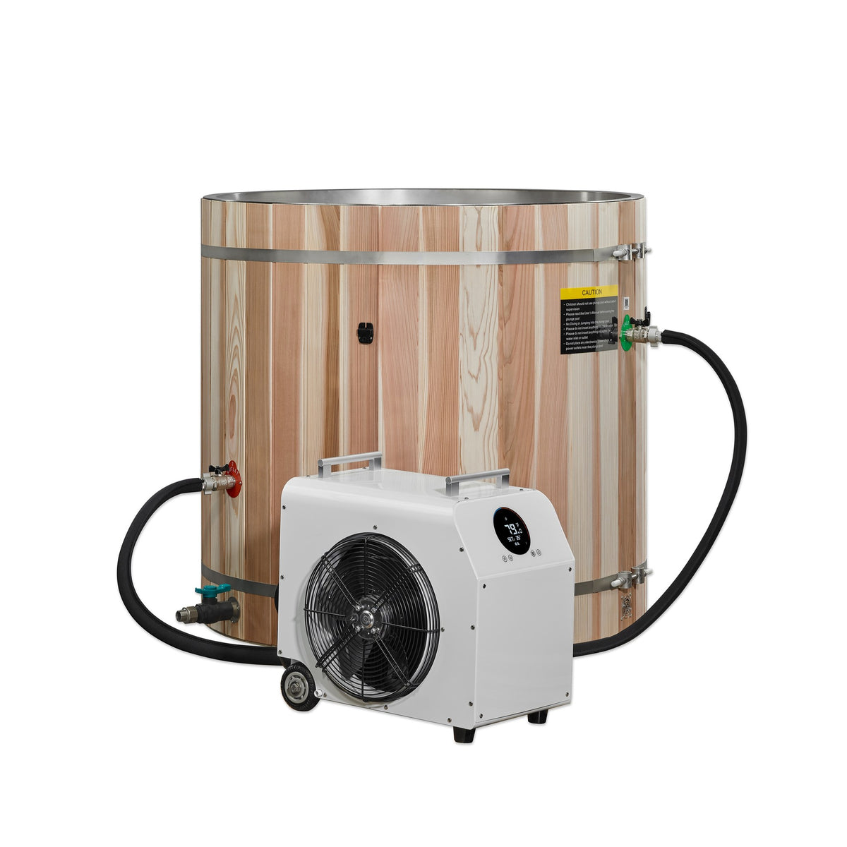 Dynamic Cold Therapy Barrel Cold Plunge Tub with 304 Stainless Steel Interior, shown with an optional chiller, sold separately