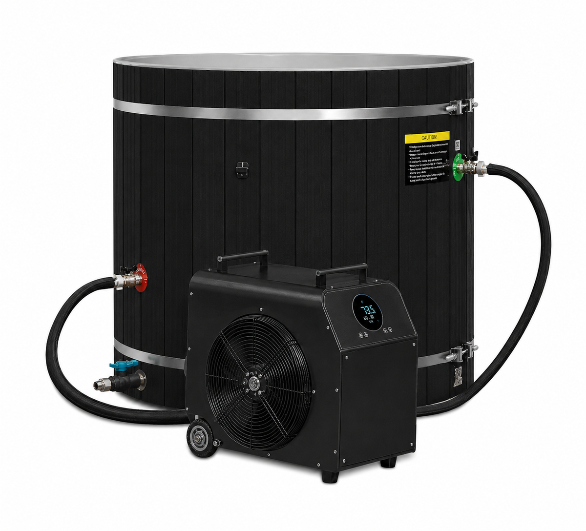 Dynamic Cold Therapy Barrel Cold Plunge Tub with PVC Interior (Black), shown with an optional chiller, sold separately