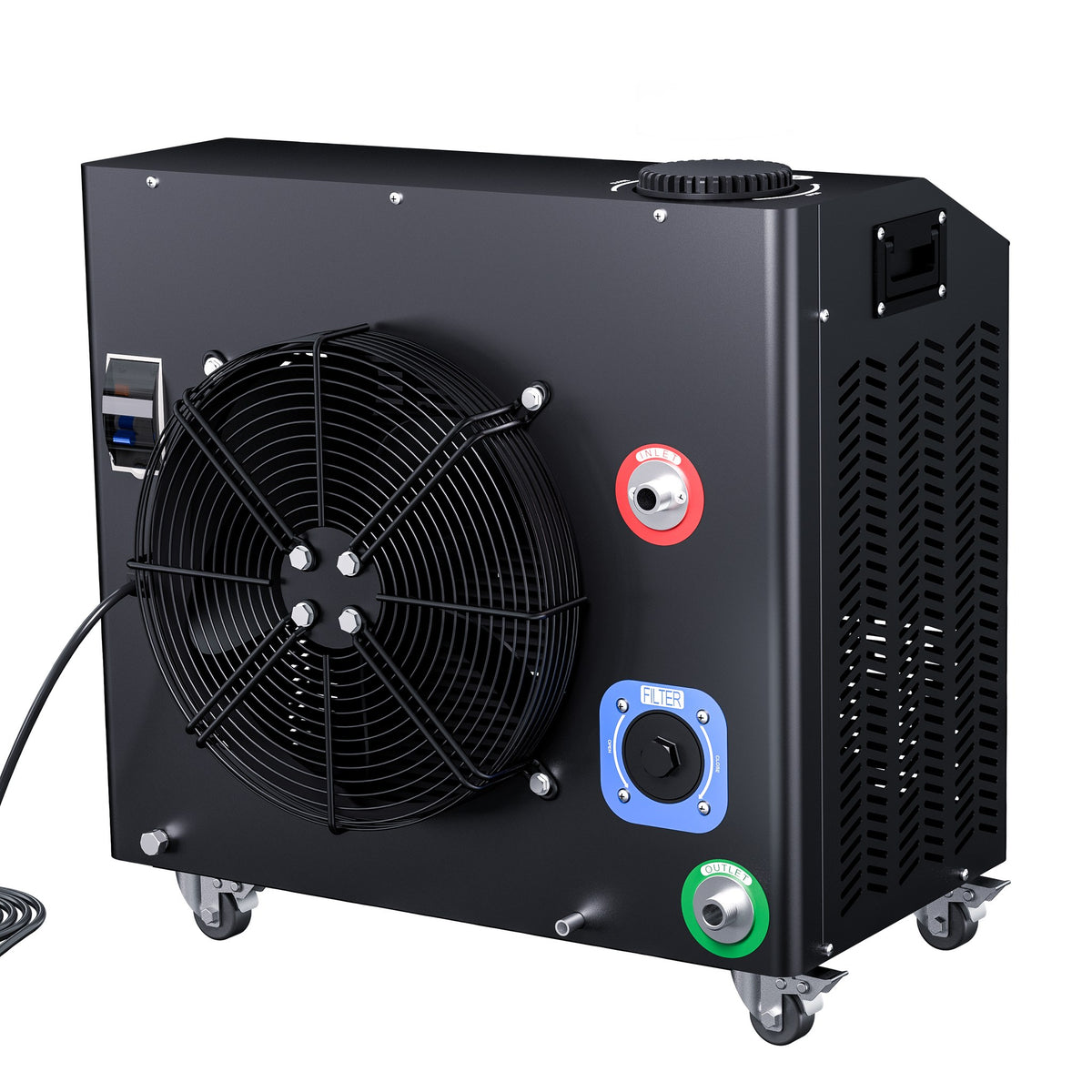Dynamic Cold Therapy Cold Plunge Chiller, rear left view with inlet and outlet