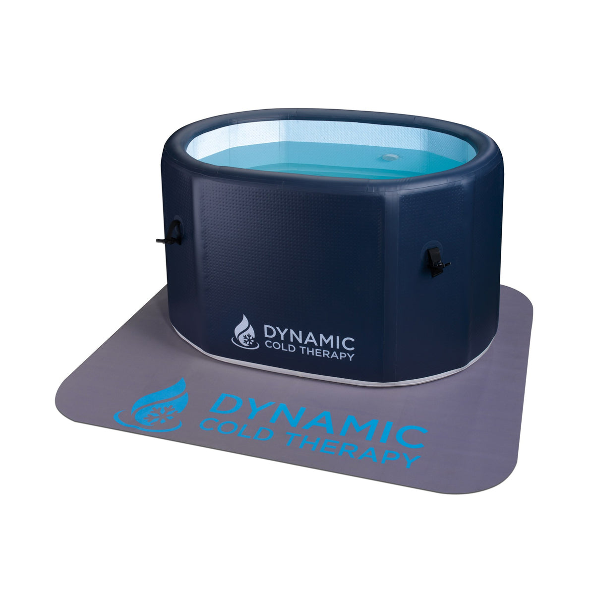 Dynamic Cold Therapy Inflatable Oval Cold Plunge Tub, filled, on the included mat