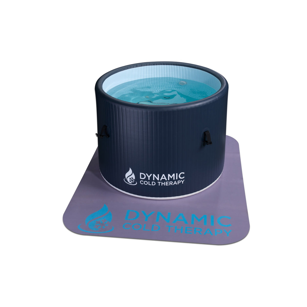 Dynamic Cold Therapy Inflatable Round Cold Plunge Tub, filled, on the included mat