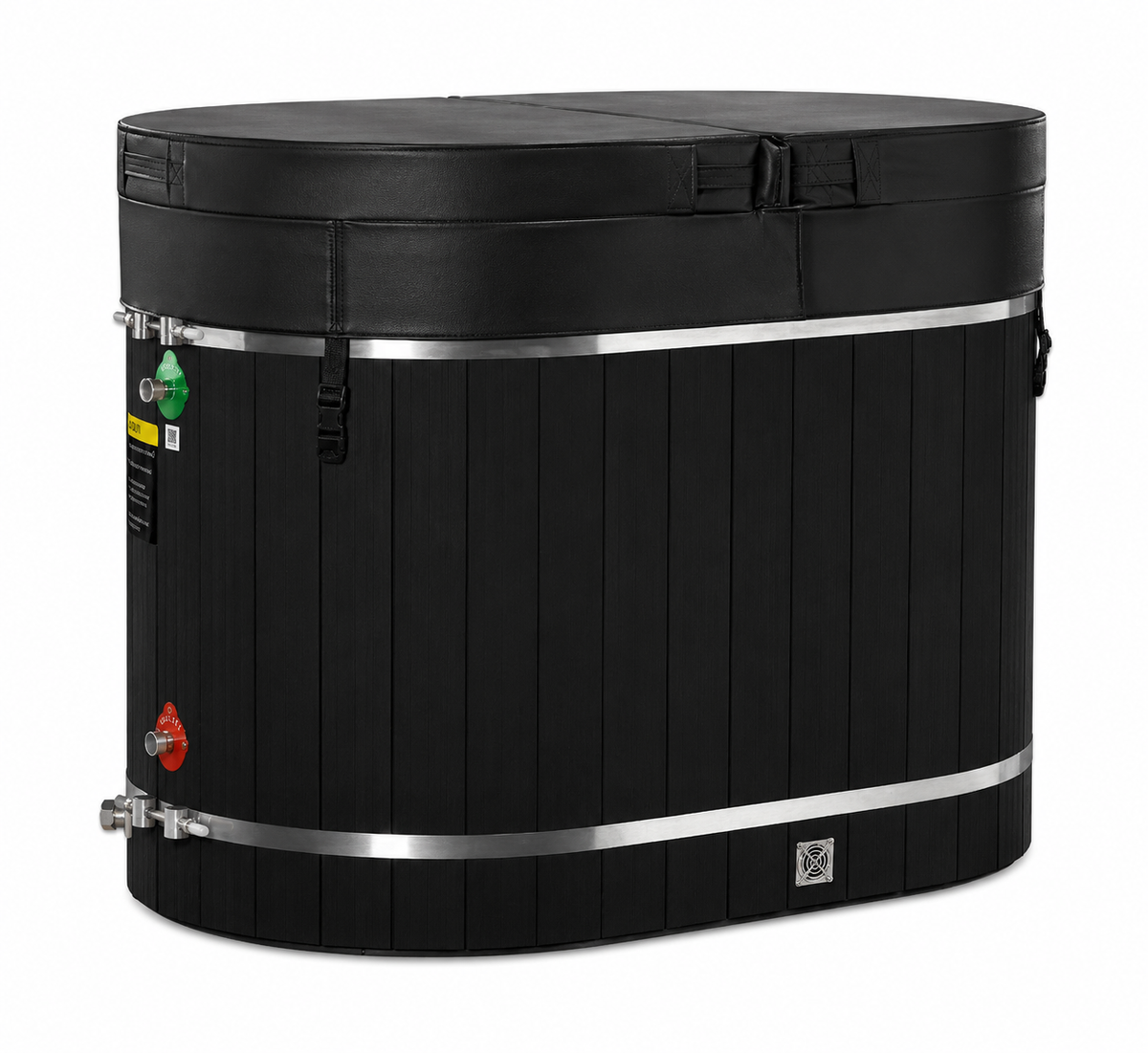 Dynamic Cold Therapy Oval Barrel Cold Plunge Tub with PVC Interior (Black), with the insulated cover on