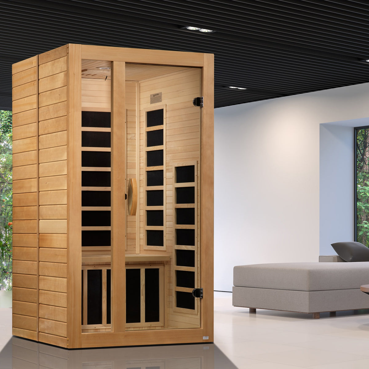 Dynamic Gracia Elite 1-2-Person Ultra Low EMF FAR Infrared Sauna in a home setting