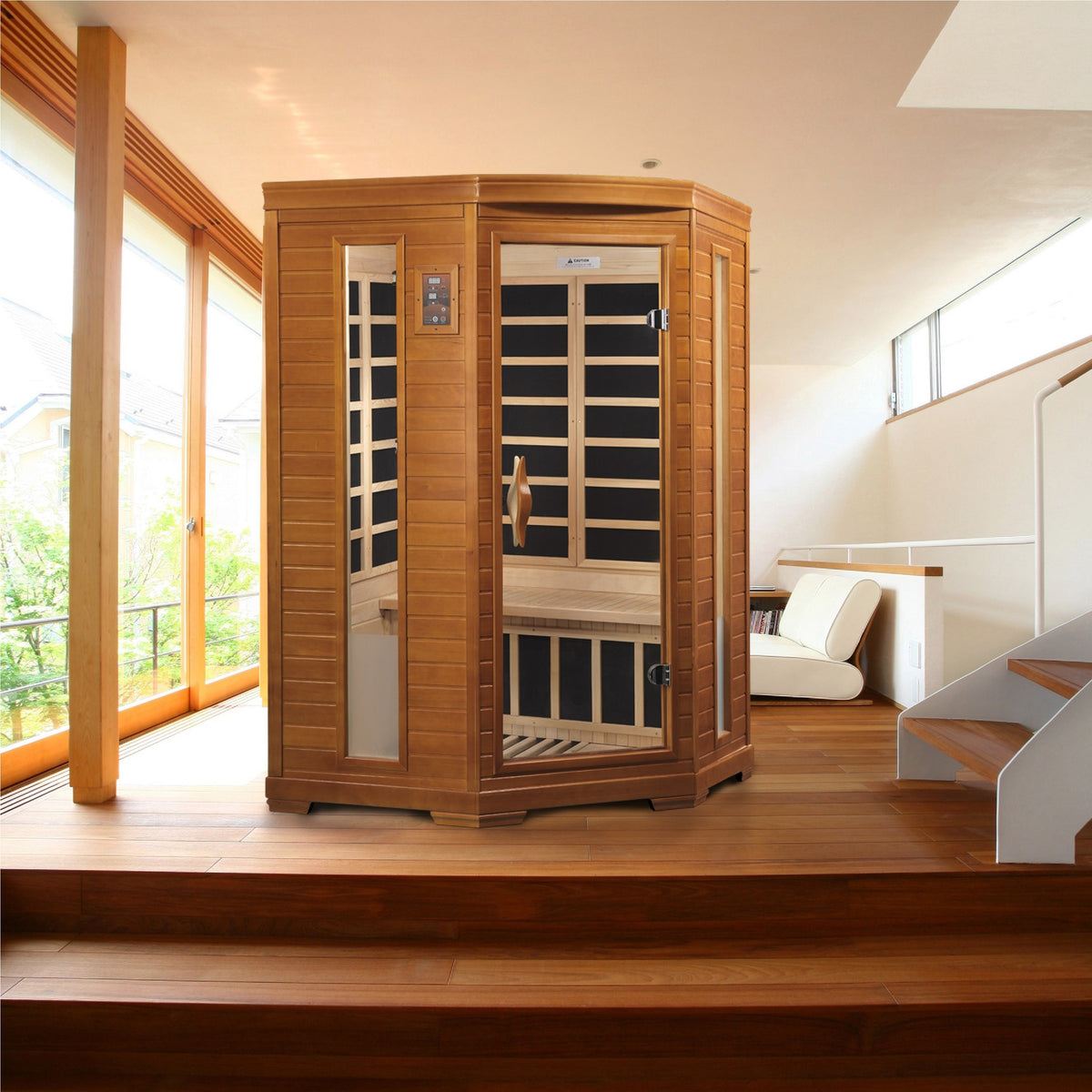 Dynamic Heming Elite 2-Person Corner Ultra Low EMF FAR Infrared Sauna in a home setting