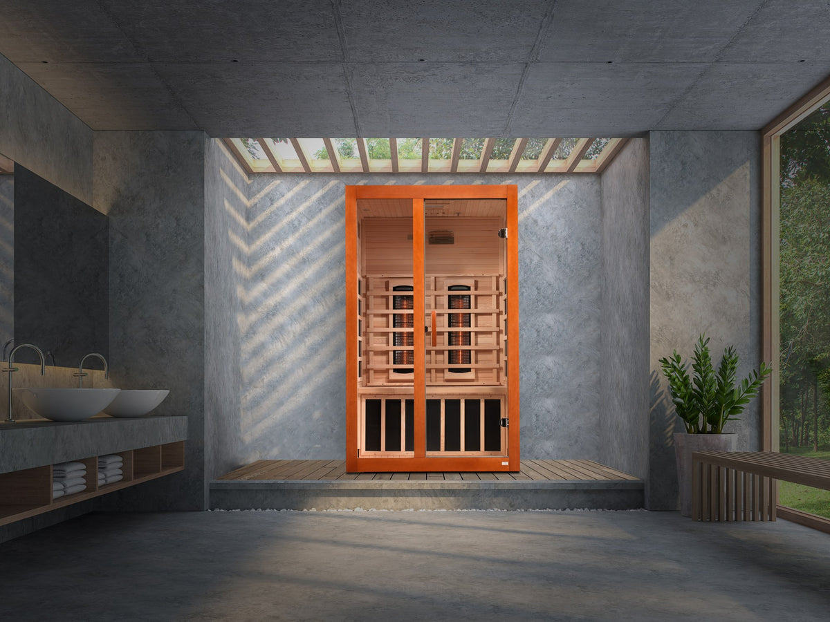 Dynamic Santiago 2-Person Full Spectrum Near Zero EMF FAR Infrared Sauna in a home setting
