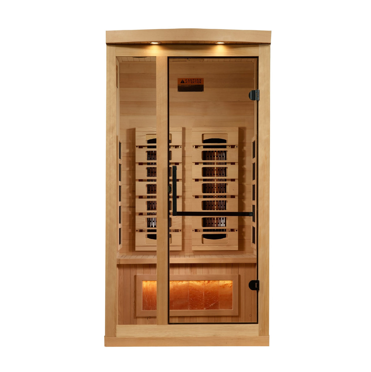 Golden Designs 1-2-Person Full Spectrum Near Zero EMF Infrared Sauna with Himalayan Salt Bar, front view