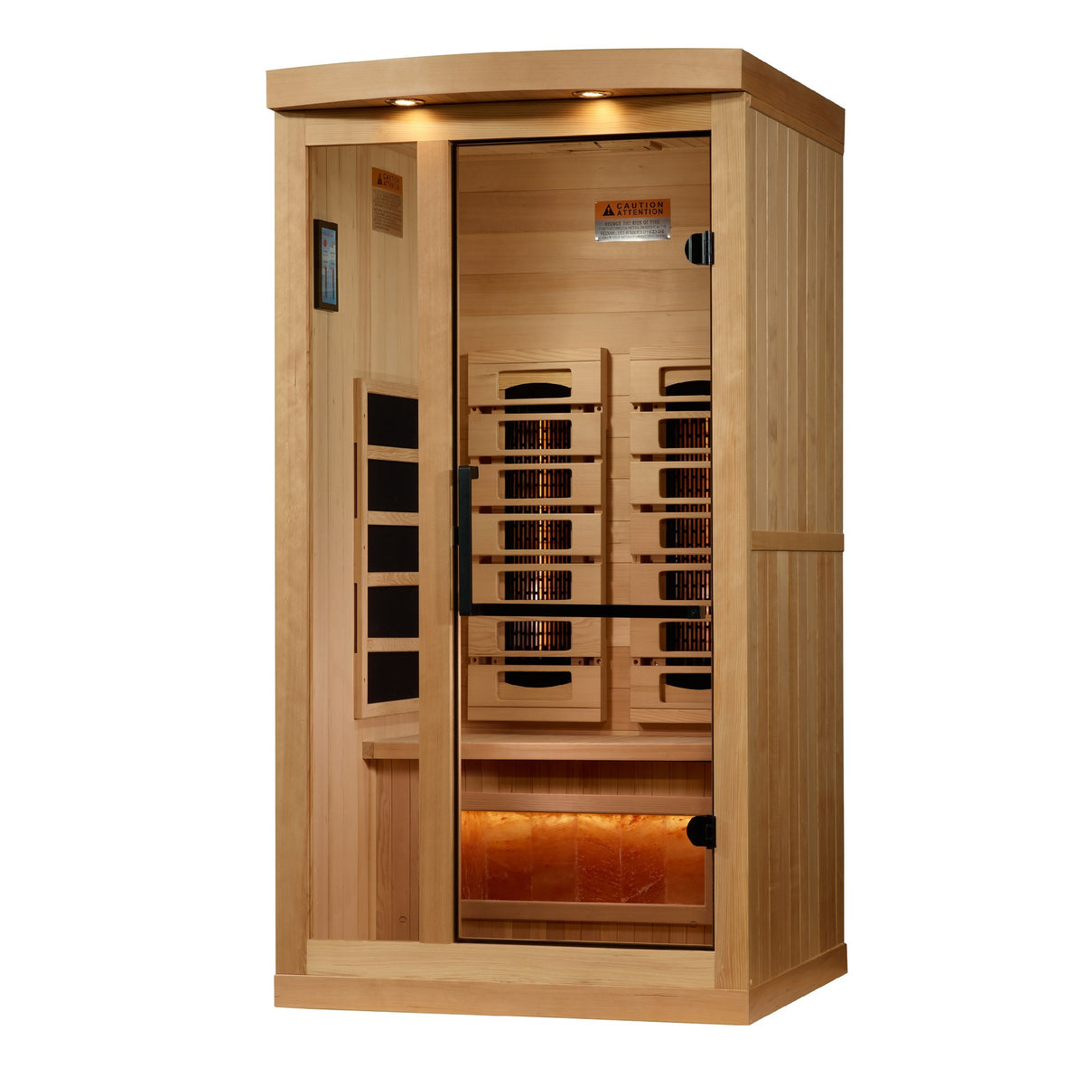 Golden Designs 1-2-Person Full Spectrum Near Zero EMF Infrared Sauna with Himalayan Salt Bar, front angle view