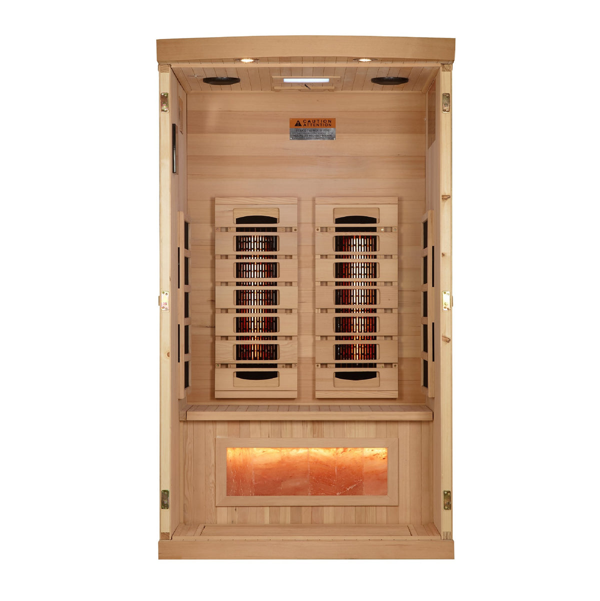Golden Designs 1-2-Person Full Spectrum Near Zero EMF Infrared Sauna with Himalayan Salt Bar, interior view