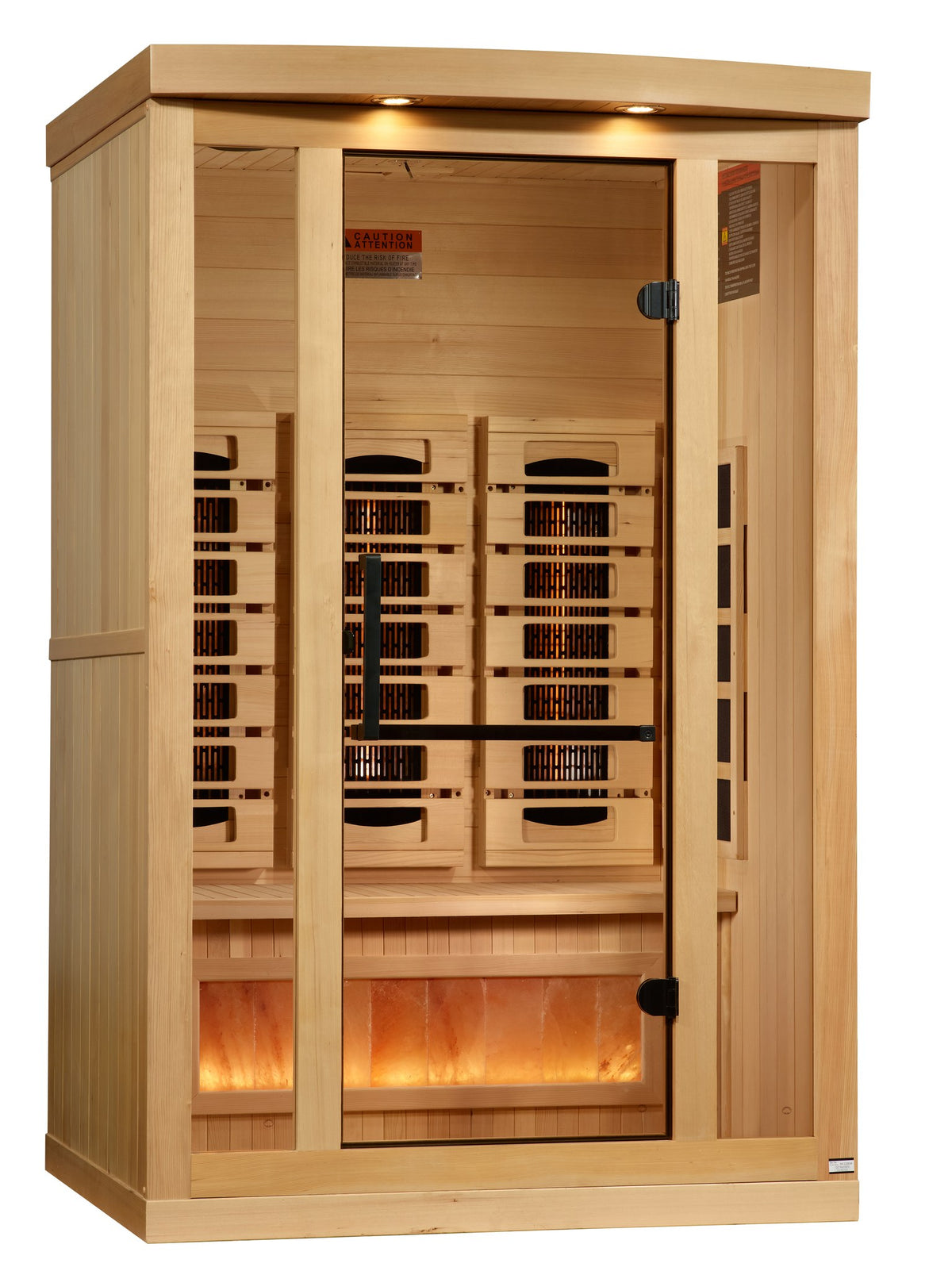 Golden Designs 2-Person Full Spectrum Near Zero EMF Infrared Sauna with Himalayan Salt Bar, side angle view