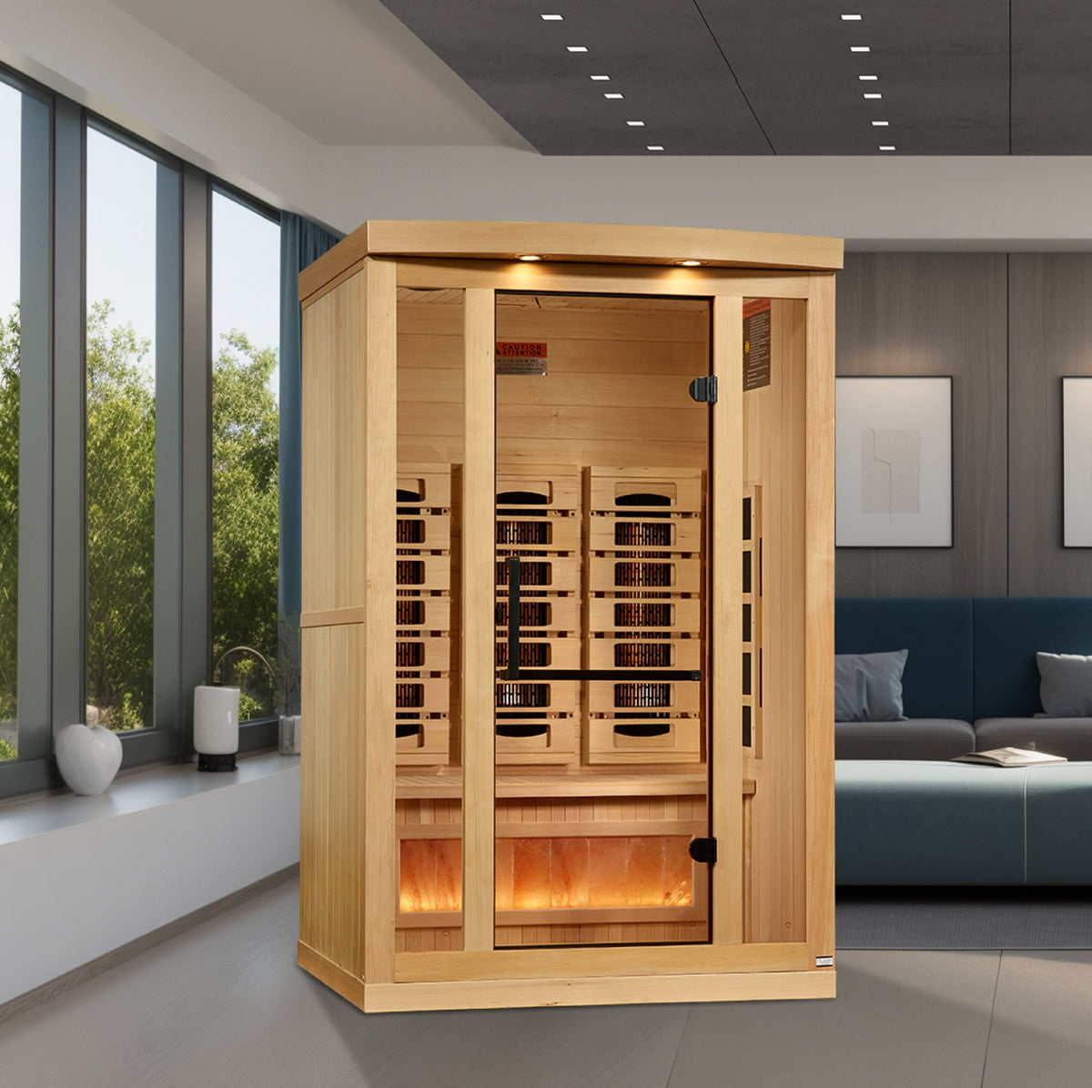 Golden Designs 2-Person Full Spectrum Sauna in a home setting