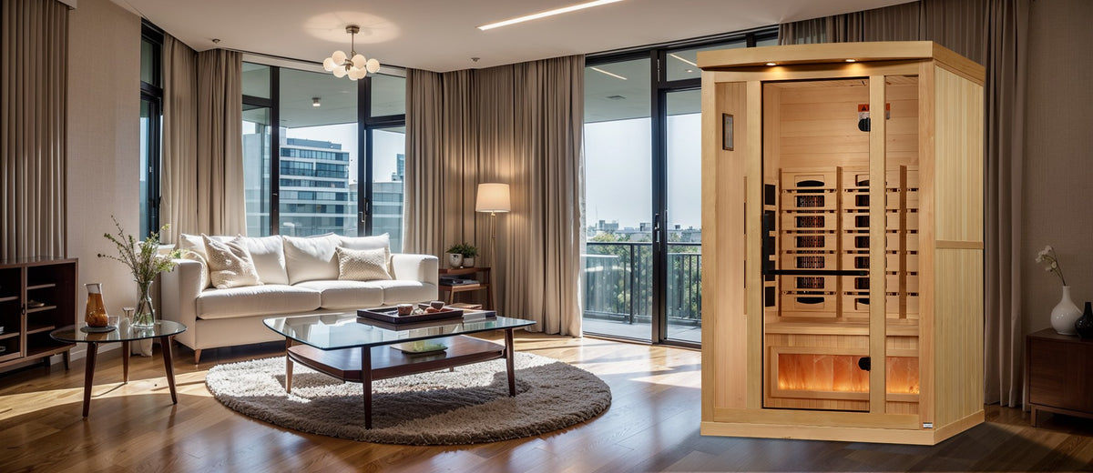 Golden Designs 2-Person Full Spectrum Sauna in a living room
