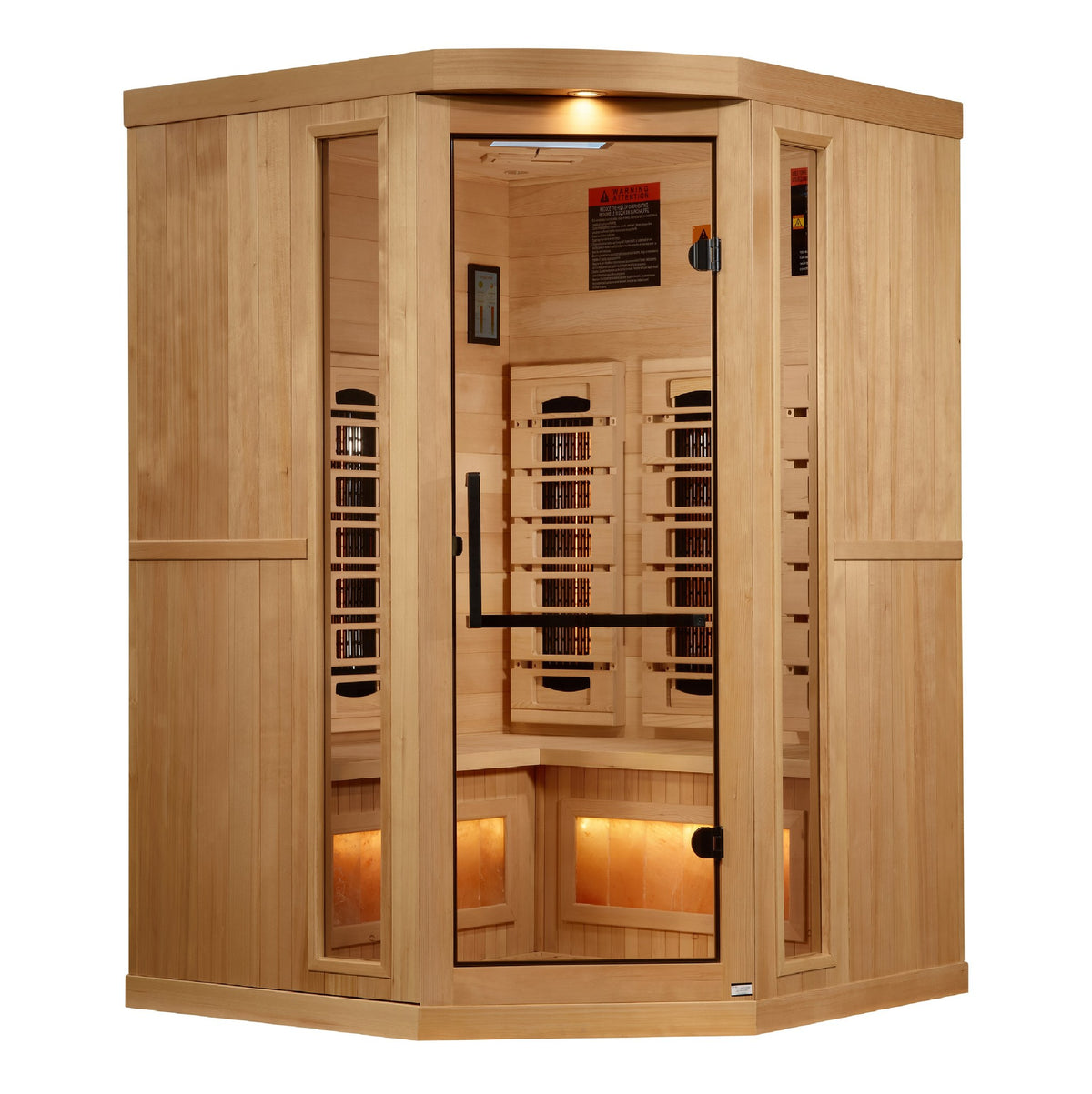 Golden Designs 3-Person Corner Full Spectrum Near Zero EMF Infrared Sauna with Himalayan Salt Bar, front view