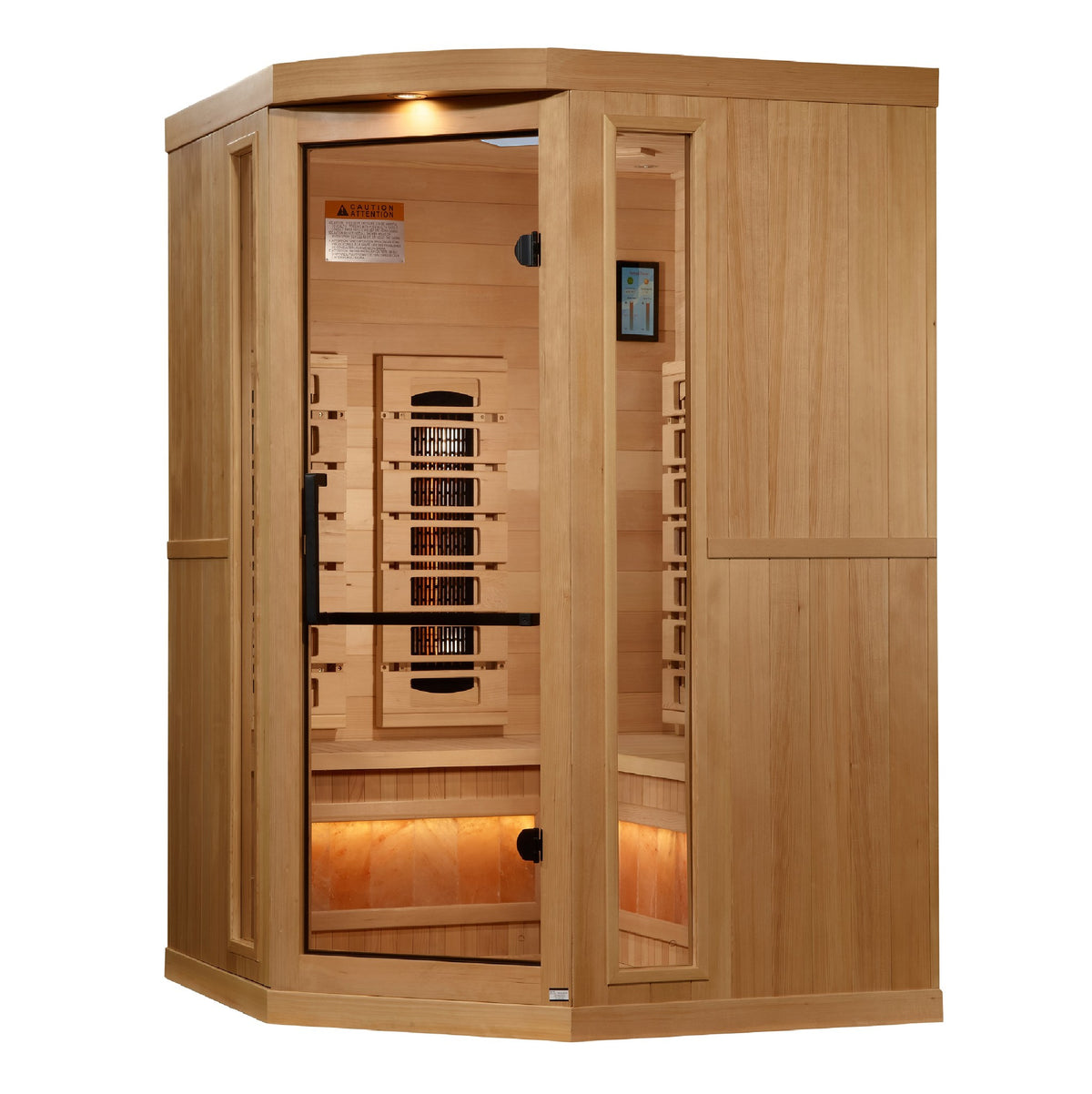 Golden Designs 3-Person Corner Full Spectrum Near Zero EMF Infrared Sauna with Himalayan Salt Bar, front angle view