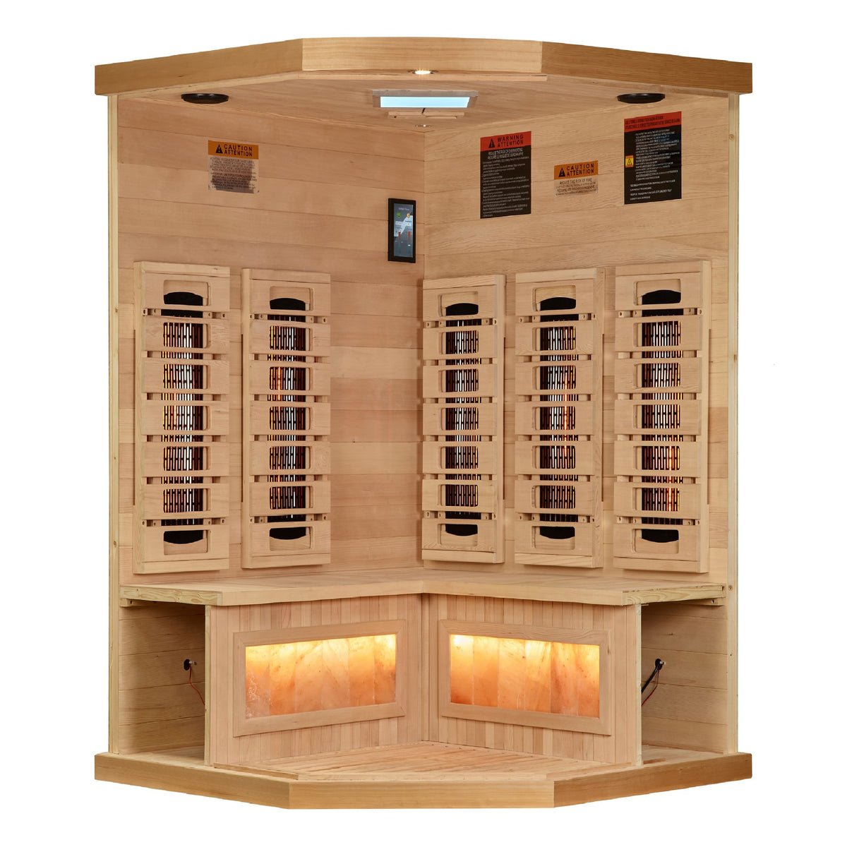 Golden Designs 3-Person Corner Full Spectrum Near Zero EMF Infrared Sauna with Himalayan Salt Bar, interior view