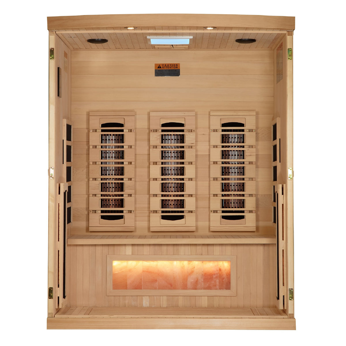 Golden Designs 3-Person Full Spectrum Near Zero EMF Infrared Sauna with Himalayan Salt Bar, interior view
