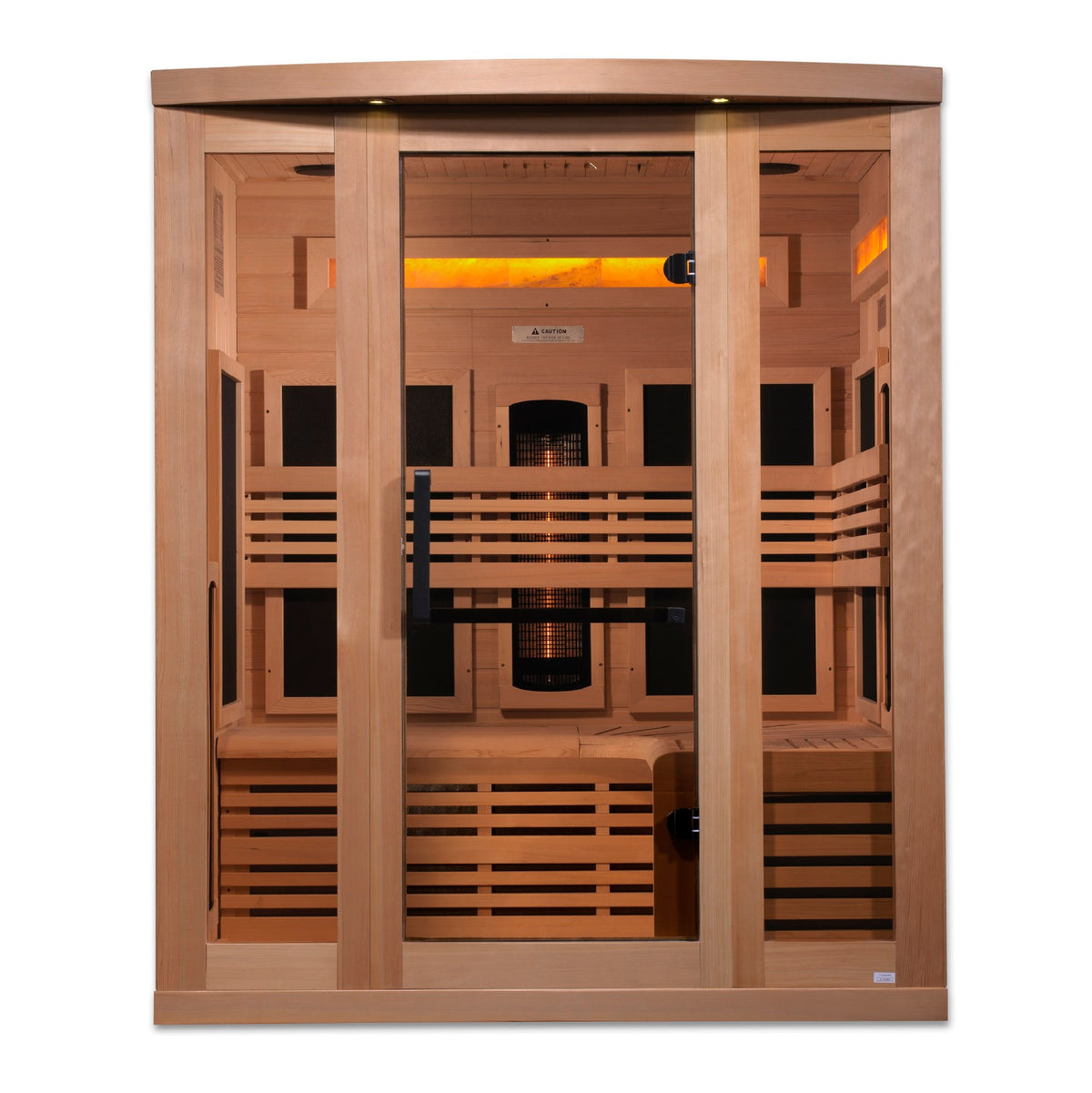 Golden Designs 3-Person Full Spectrum Near Zero EMF Infrared Sauna with Three Himalayan Salt Bars, front view
