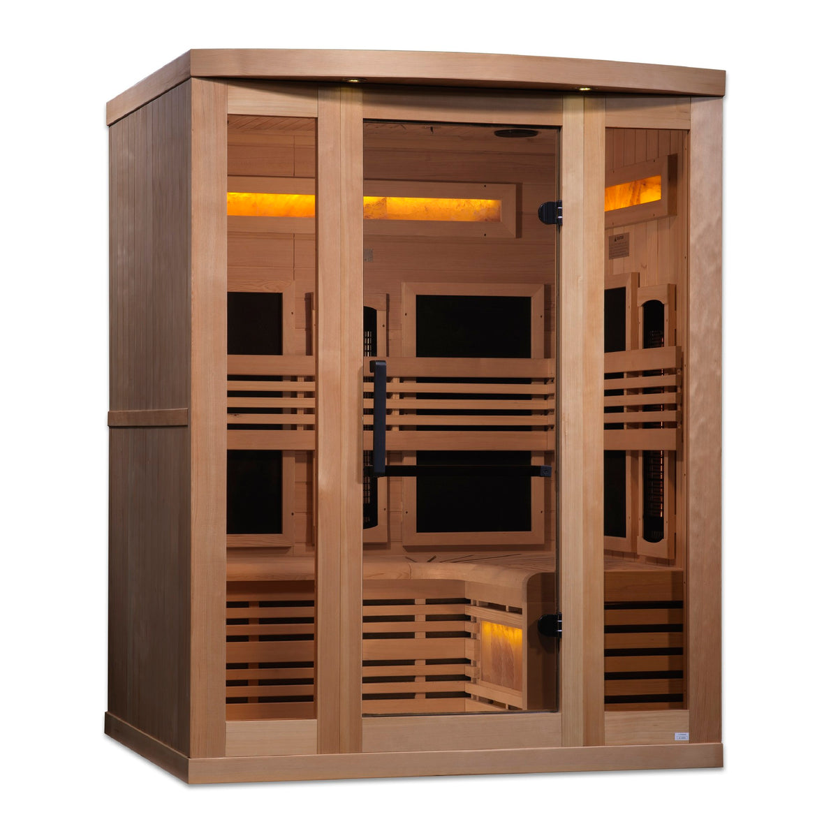 Golden Designs 3-Person Full Spectrum Near Zero EMF Infrared Sauna with Three Himalayan Salt Bars, side angle view