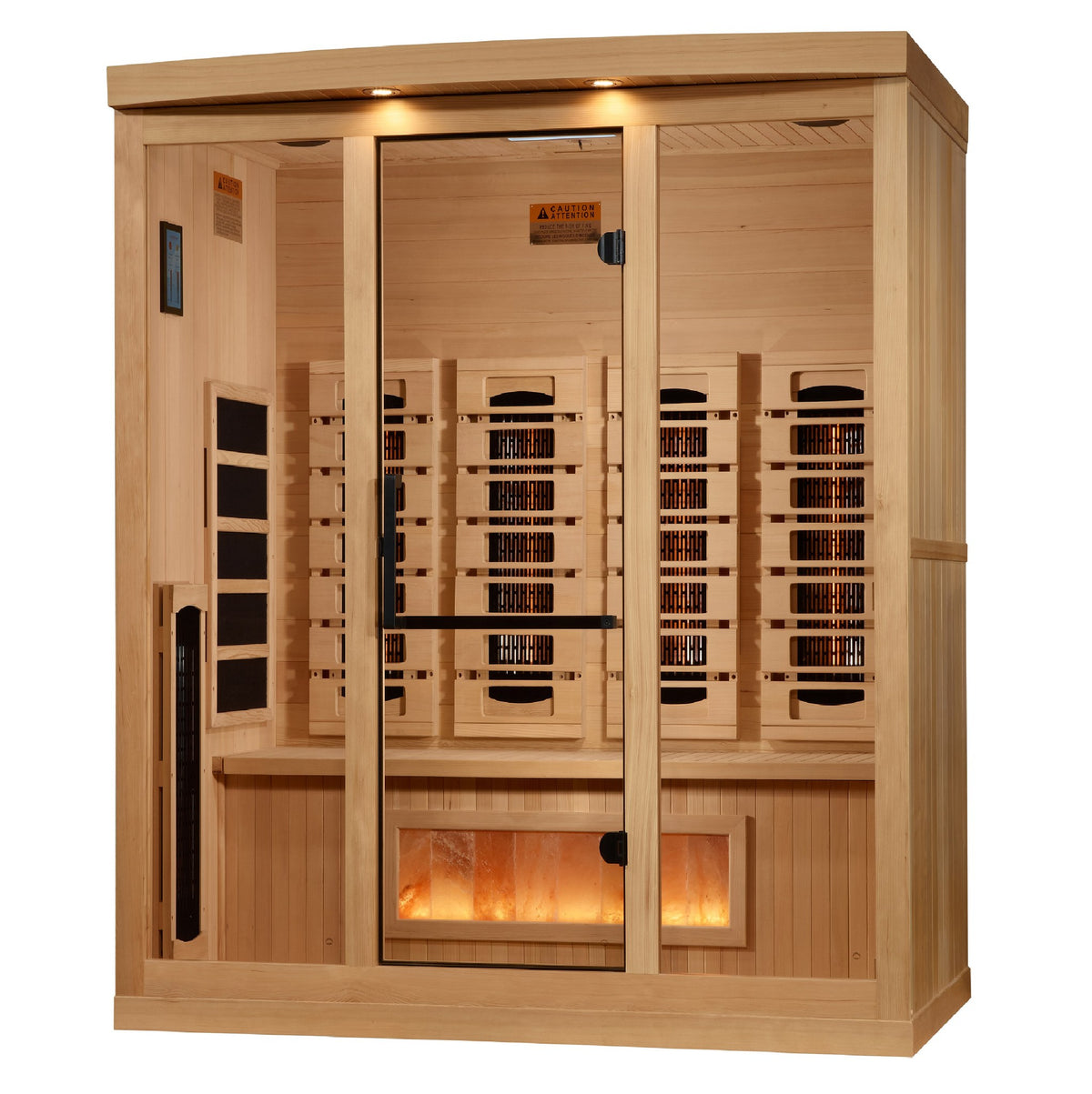 Golden Designs 4-Person Full Spectrum Near Zero EMF Infrared Sauna with Himalayan Salt Bar, front angle view