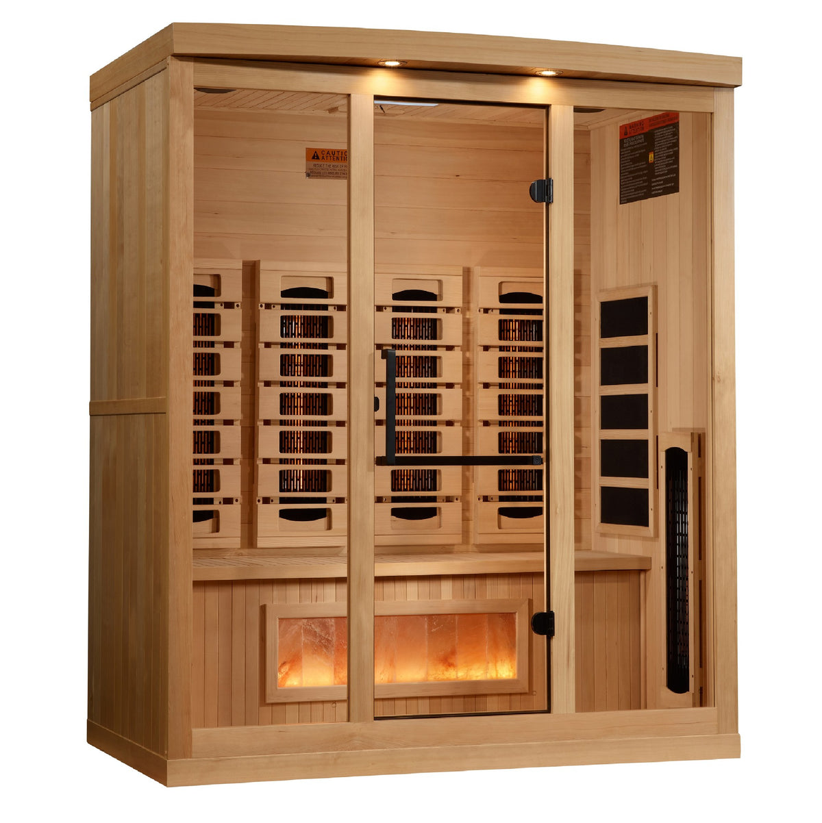 Golden Designs 4-Person Full Spectrum Near Zero EMF Infrared Sauna with Himalayan Salt Bar, side angle view