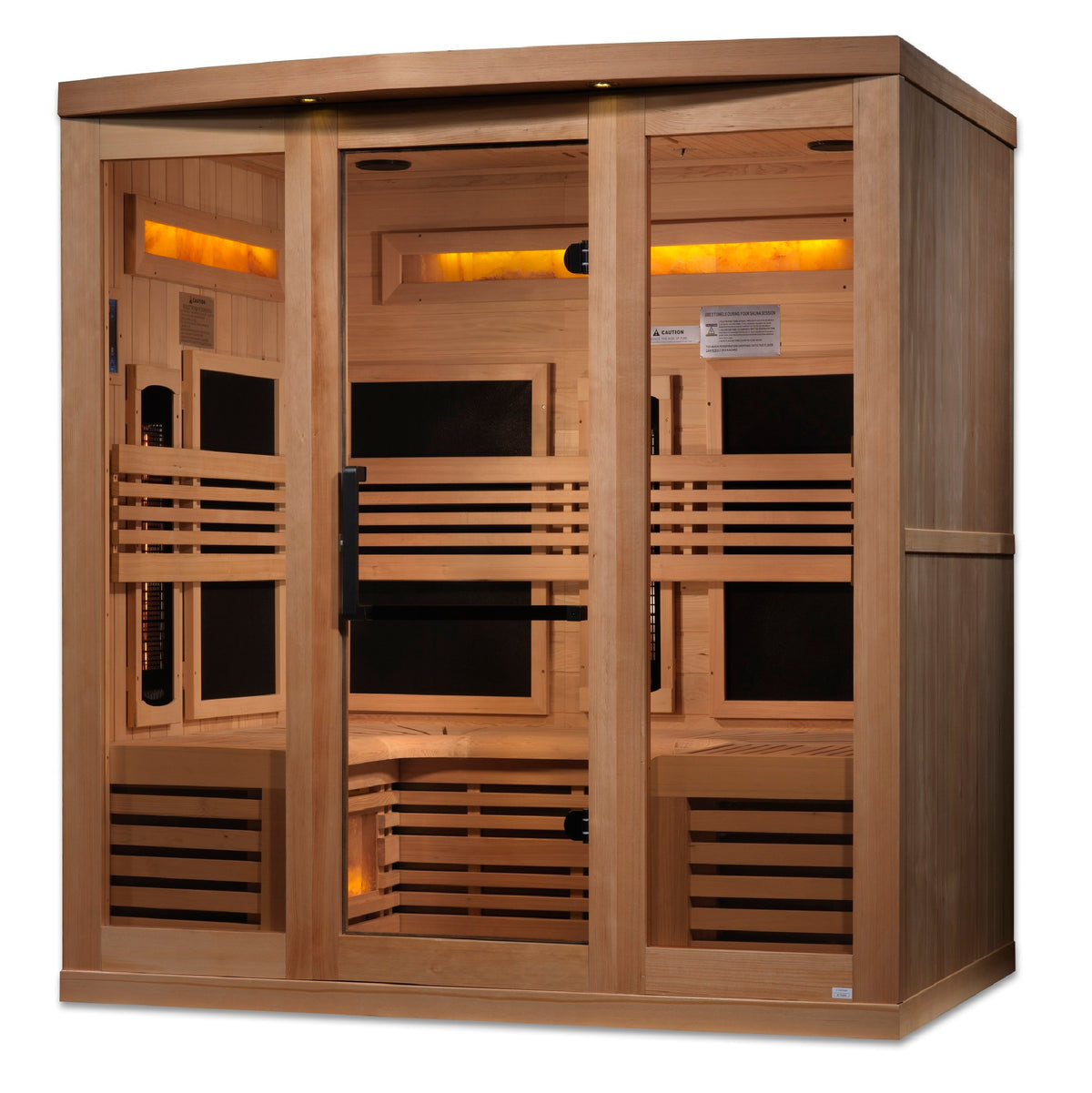 Golden Designs 6-Person Full Spectrum Near Zero EMF Infrared Sauna with Five Himalayan Salt Bars, front angle view