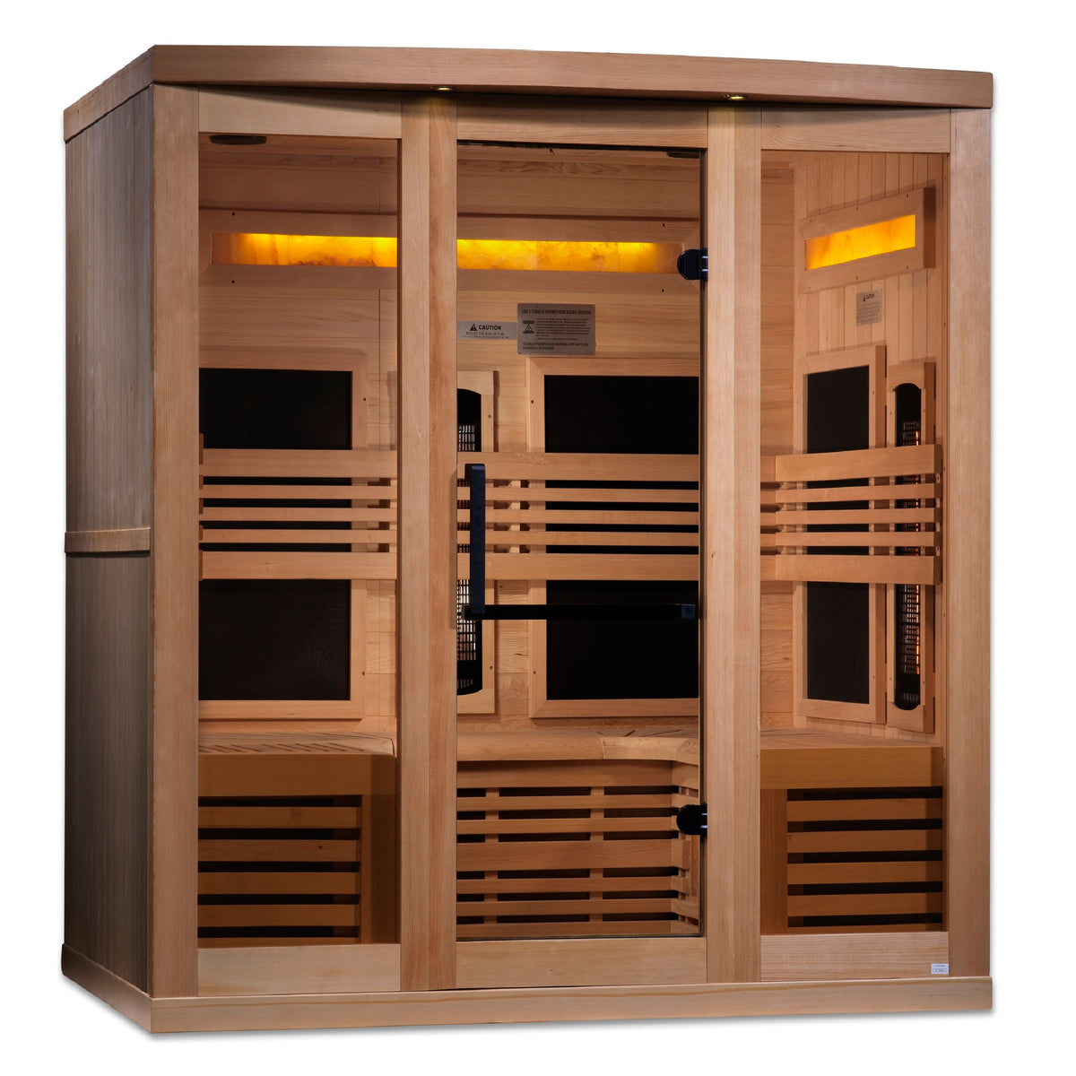 Golden Designs 6-Person Full Spectrum Near Zero EMF Infrared Sauna with Five Himalayan Salt Bars, side angle view