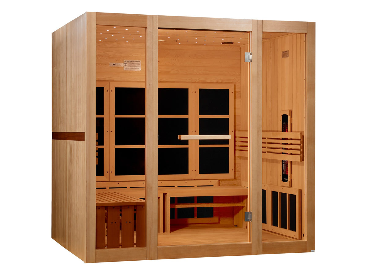 Golden Designs 8-Person Full Spectrum Near Zero EMF Infrared Sauna, front angle view with the bench on the left