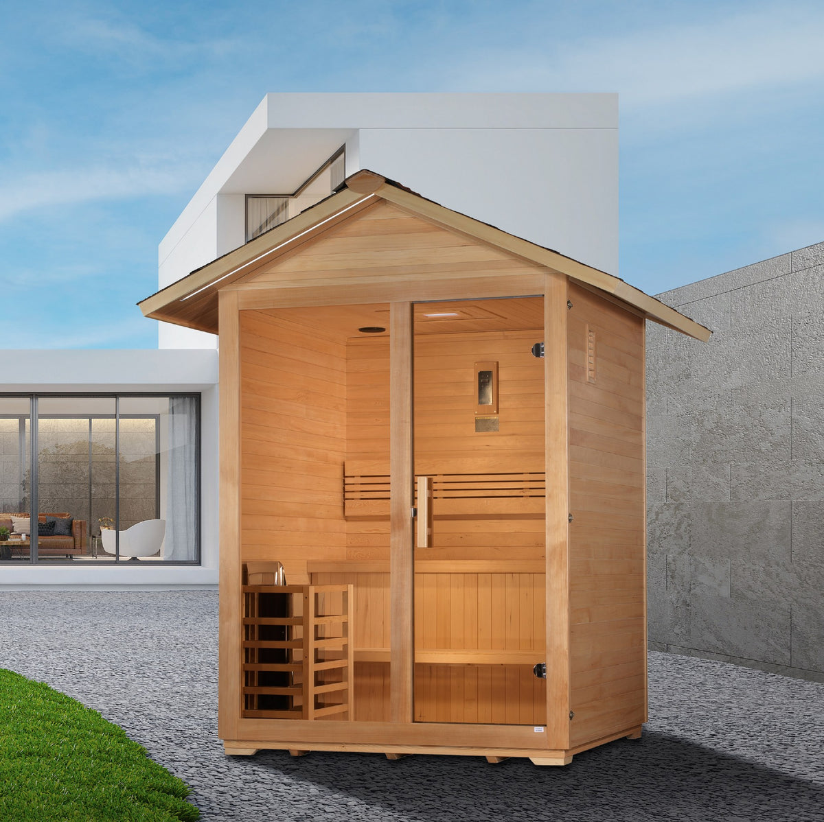 Golden Designs Arlberg 3-Person Traditional Outdoor Sauna outdoors beside a home