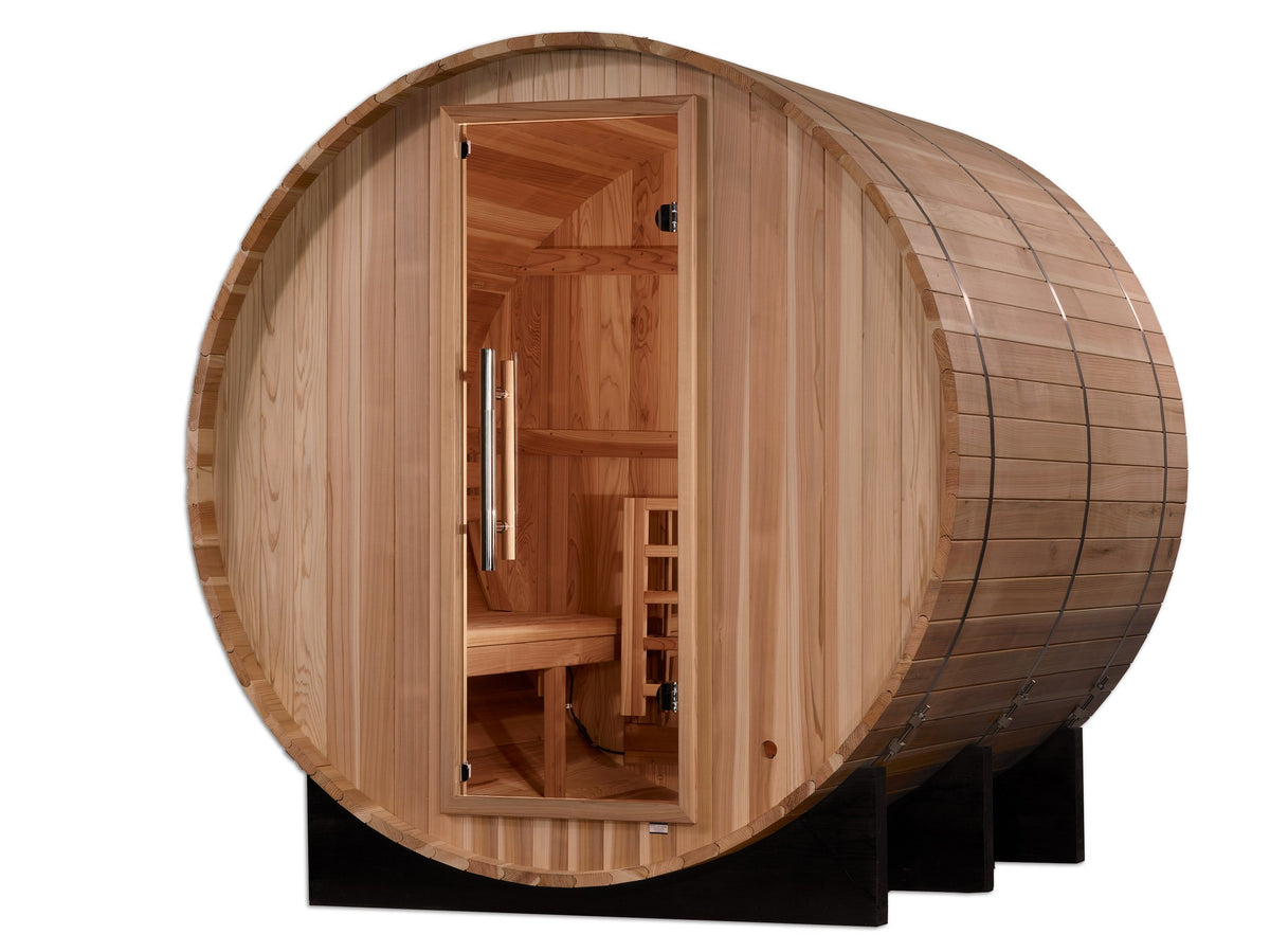 Golden Designs Arosa 4-Person Traditional Barrel Sauna, second front angle view