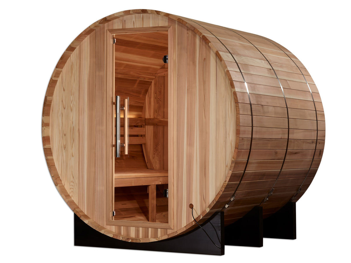 Golden Designs Arosa 4-Person Traditional Barrel Sauna, third front angle view
