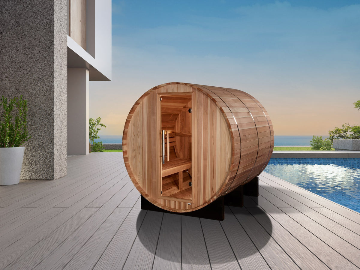 Golden Designs Arosa 4-Person Traditional Barrel Sauna beside a home