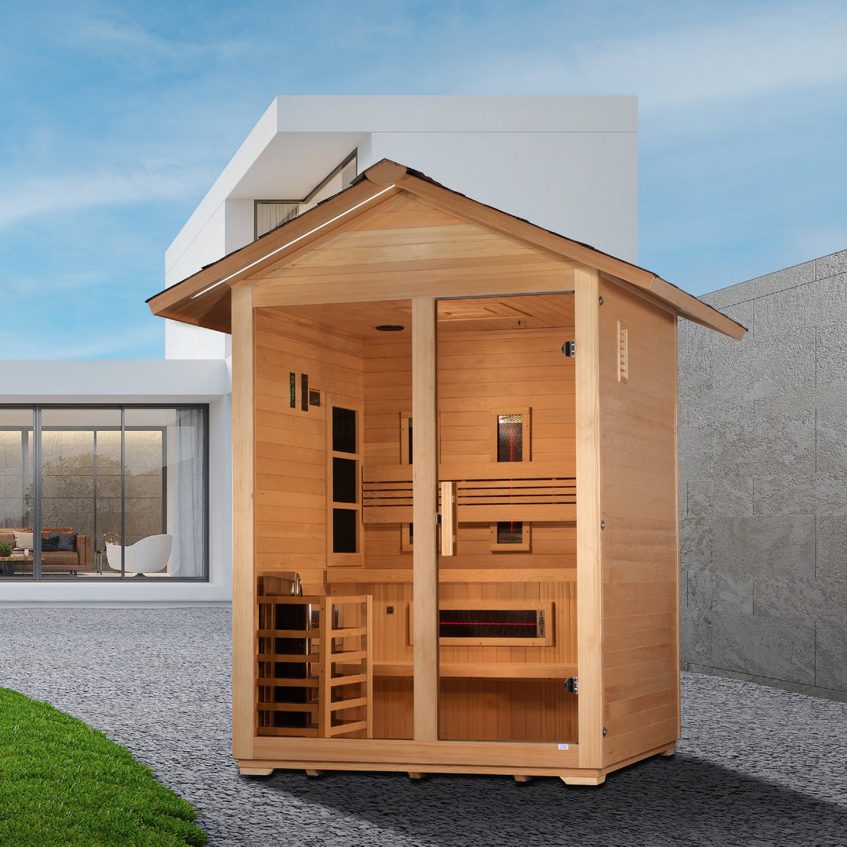 Golden Designs Carinthia 3-Person Hybrid Outdoor Sauna beside a home