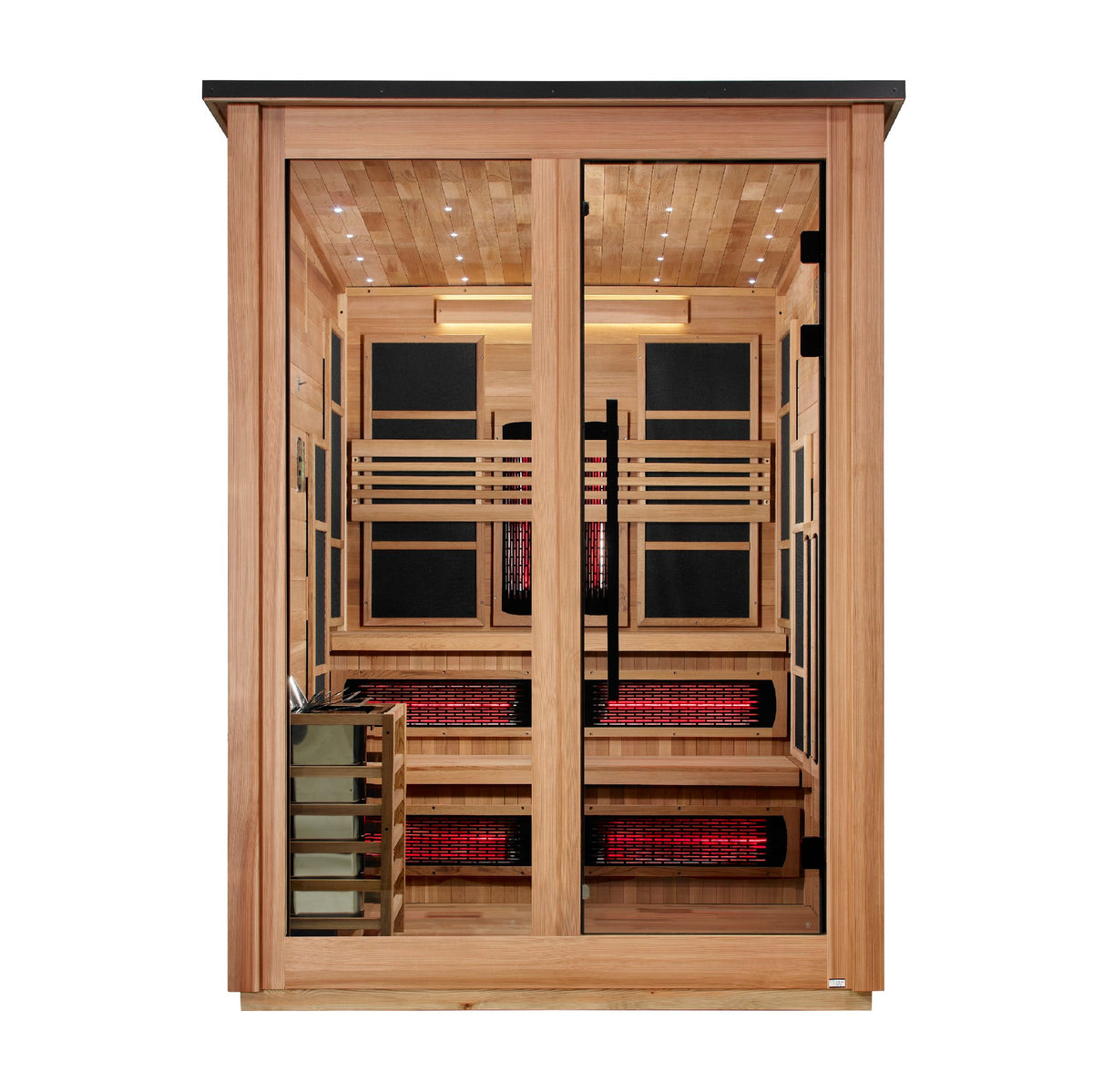 Golden Designs Kaskinen 6-Person Hybrid Outdoor Sauna, Pacific Cedar Finish, front view
