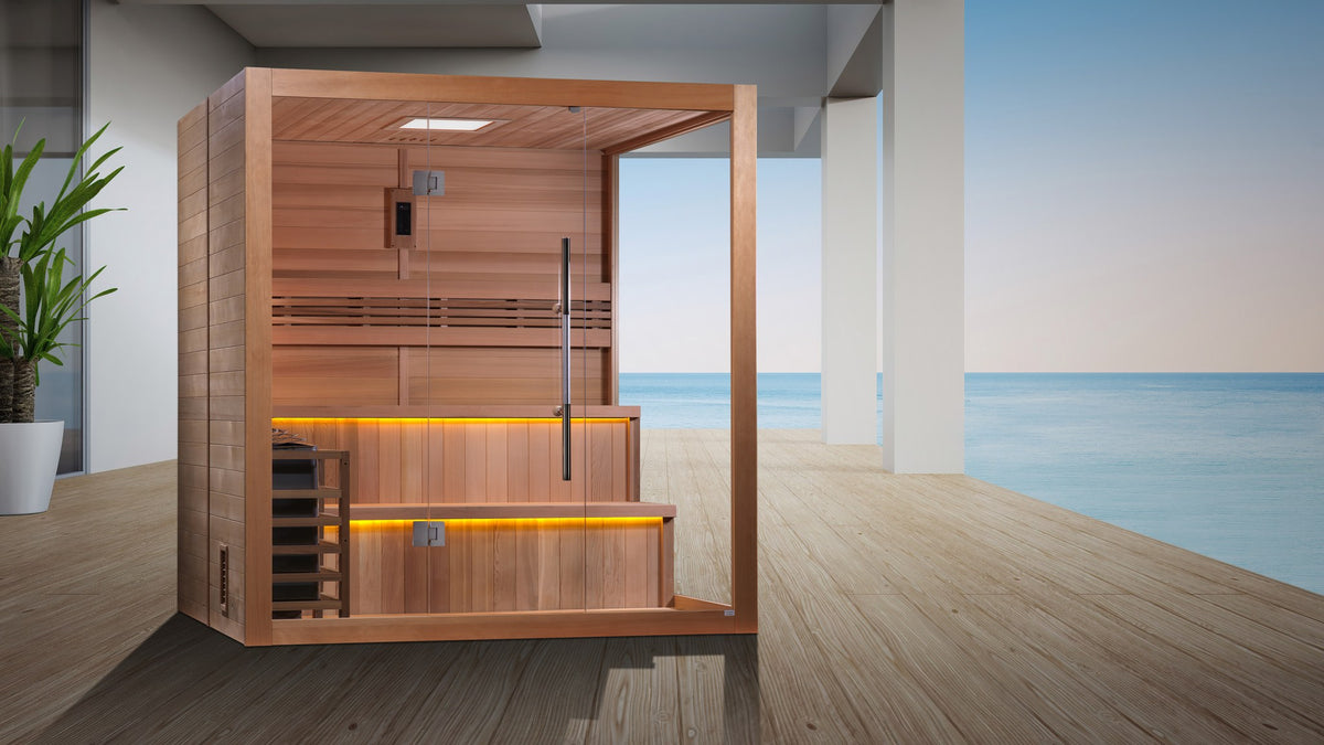 Golden Designs Kuusamo 6-Person Traditional Indoor Sauna on a covered patio