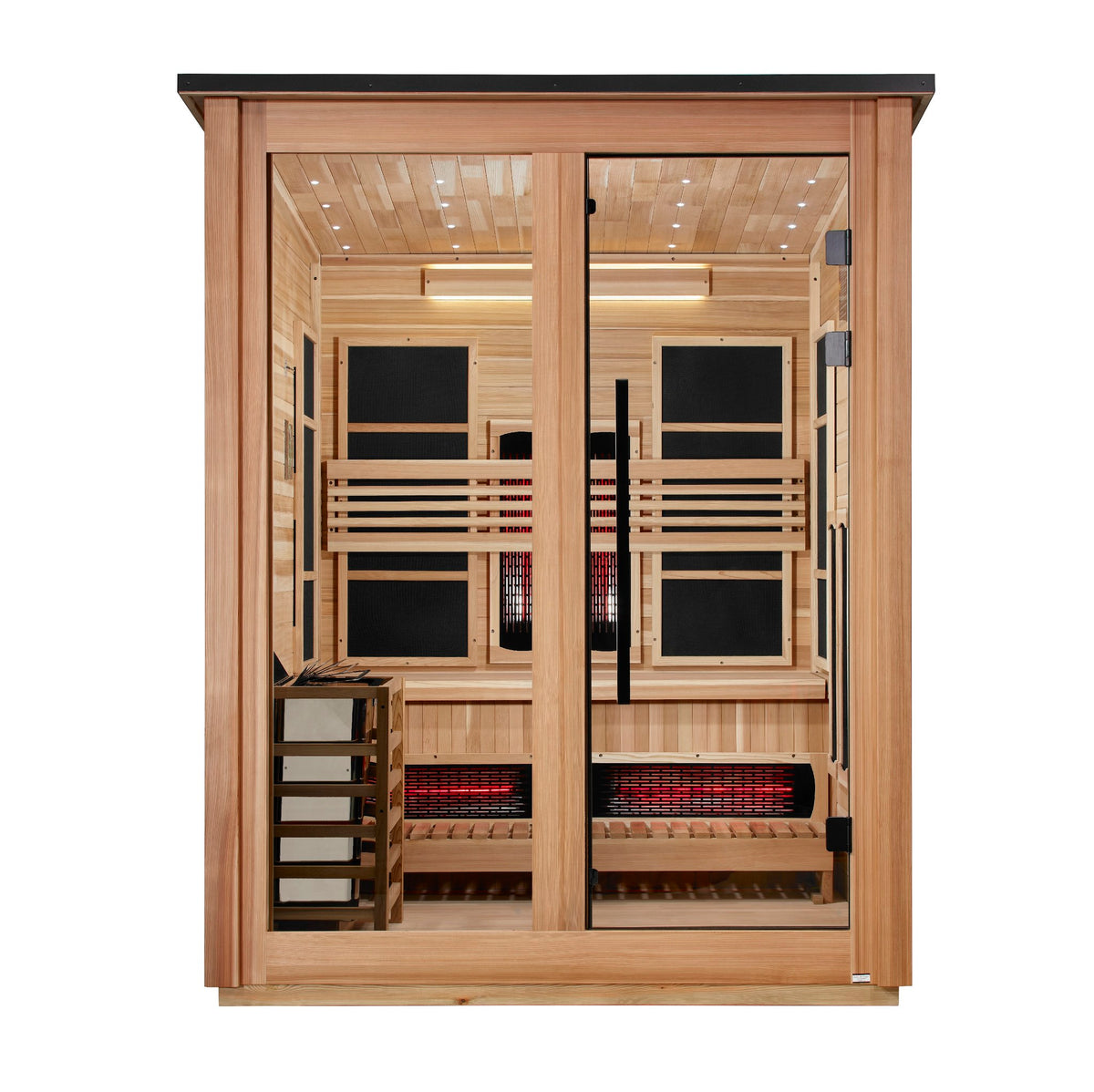 Golden Designs Loviisa 3-Person Hybrid Outdoor Sauna, Pacific Cedar Finish, front view