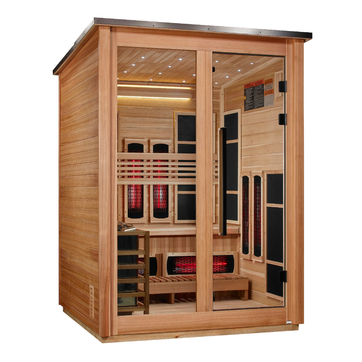 Golden Designs Loviisa 3-Person Hybrid Outdoor Sauna, Pacific Cedar Finish, front angle view