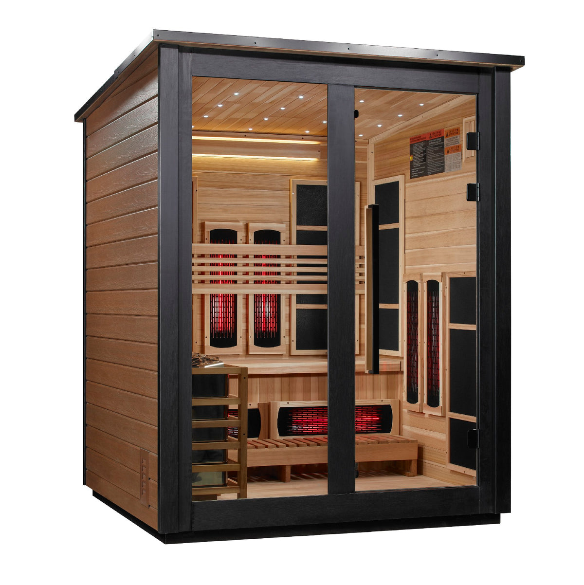 Golden Designs Loviisa 3-Person Hybrid Outdoor Sauna, Two-Tone Finish, front angle view