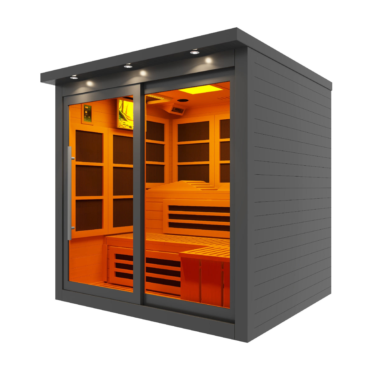 Golden Designs Monaco Limited Edition Black 6-Person Near Zero EMF FAR Infrared Sauna, side angle view