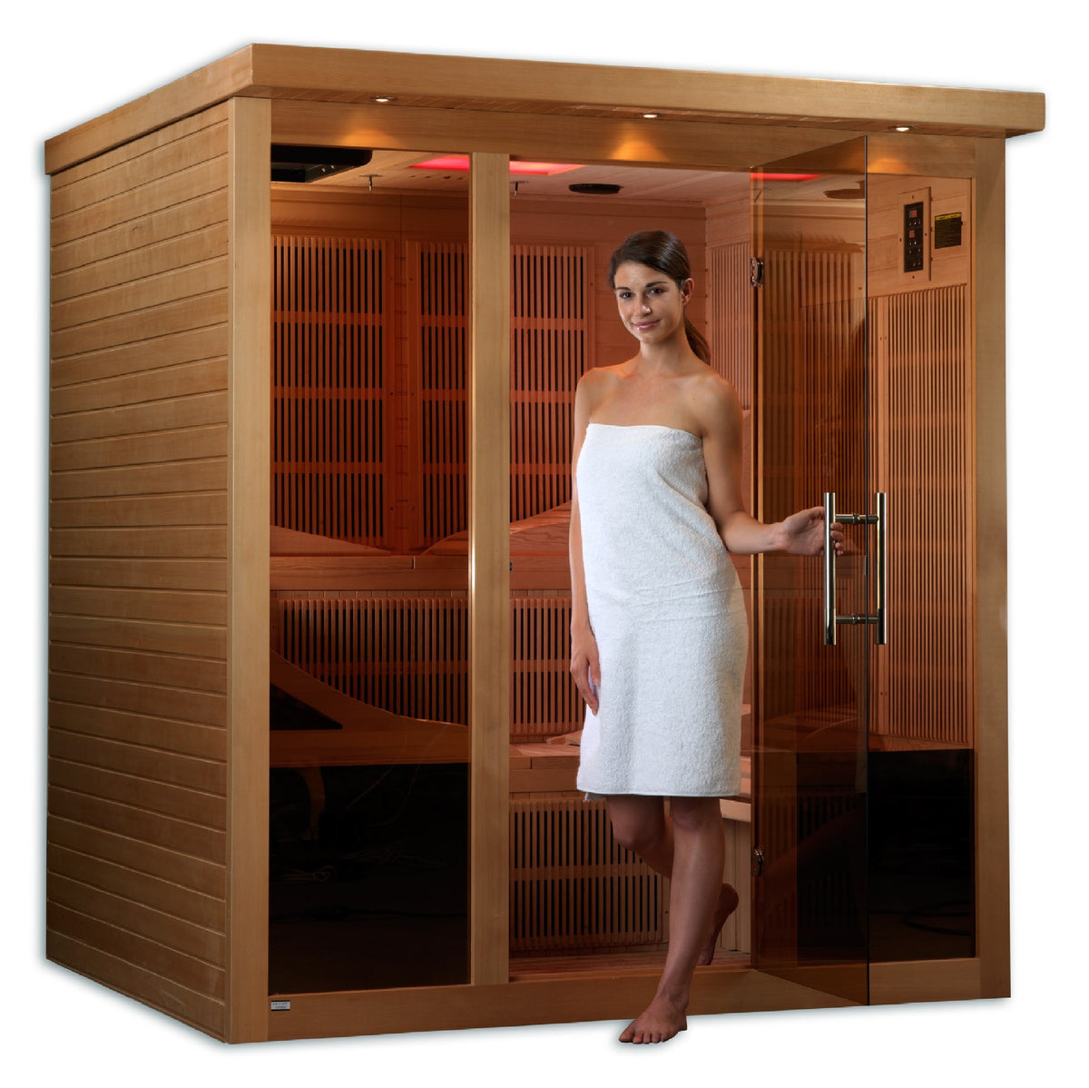Golden Designs Monaco 6-Person Near Zero EMF Infrared Sauna in use
