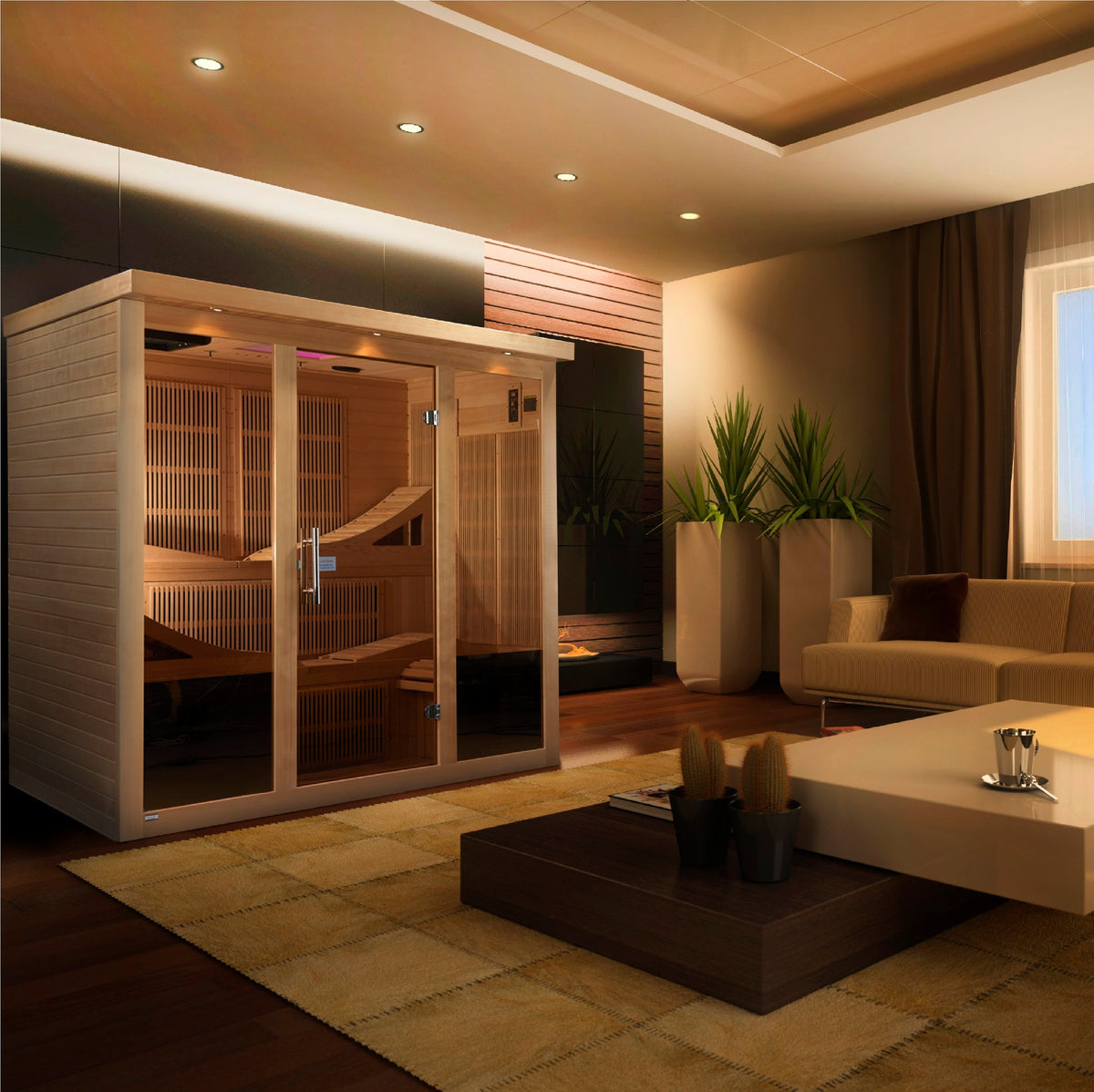 Golden Designs Monaco 6-Person Near Zero EMF Infrared Sauna in a home setting
