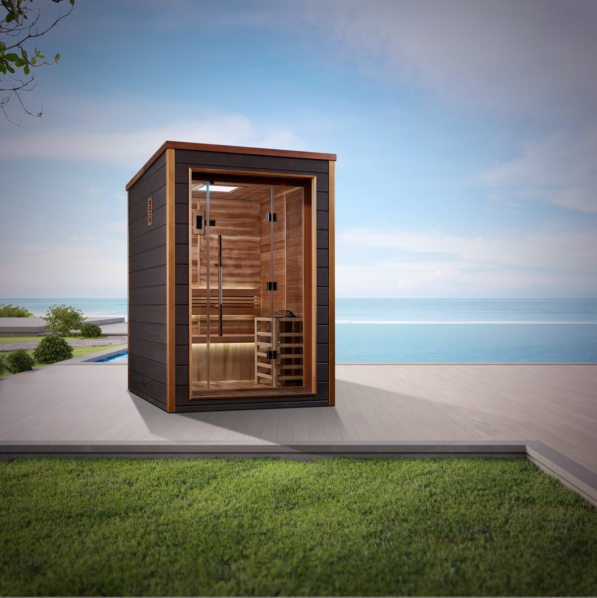 Golden Designs Narvik 2-Person Traditional Outdoor Sauna in an outdoor setting