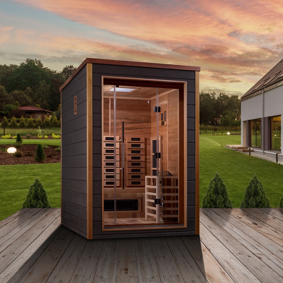Golden Designs Nora 2-Person Hybrid Outdoor Sauna beside a home