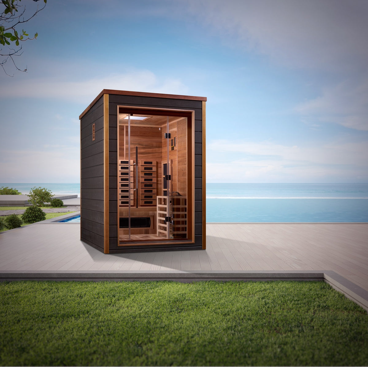Golden Designs Nora 2-Person Hybrid Outdoor Sauna in an outdoor setting