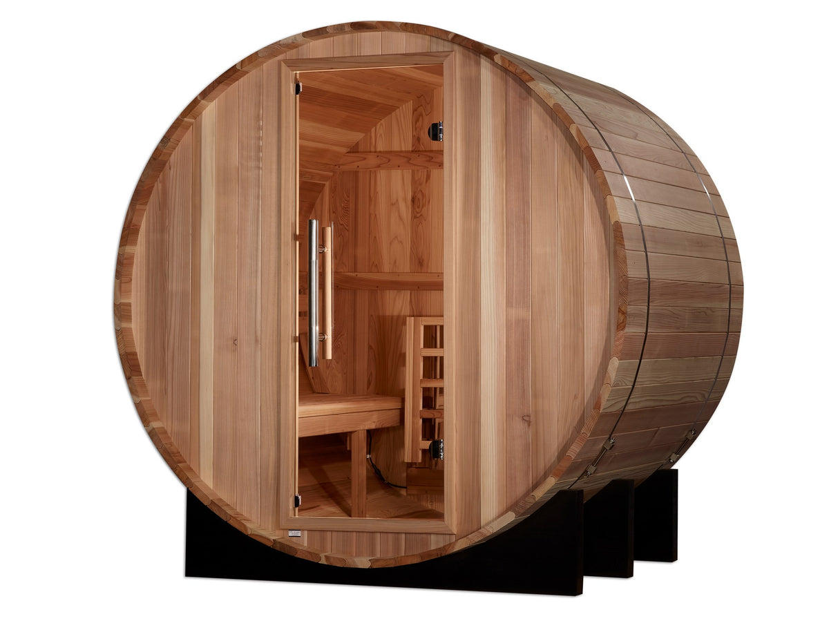 Golden Designs St. Moritz 2-Person Traditional Barrel Sauna, second front angle view