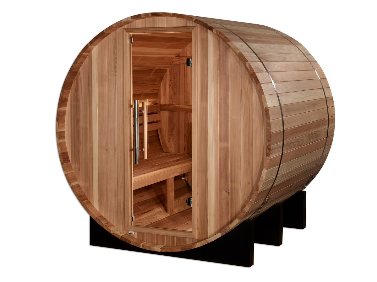 Golden Designs St. Moritz 2-Person Traditional Barrel Sauna, third front angle view